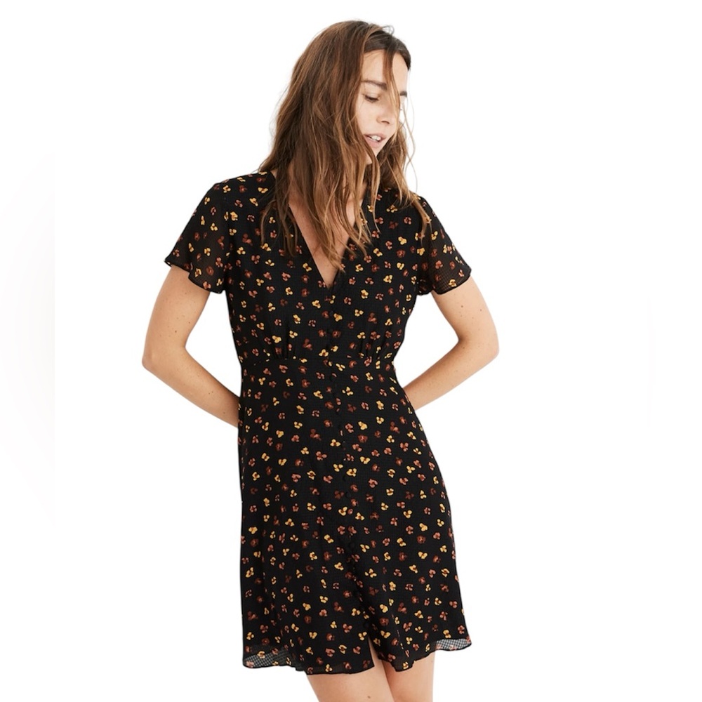 Madewell Black Floral Button Front Silk Mini Dress Size 4